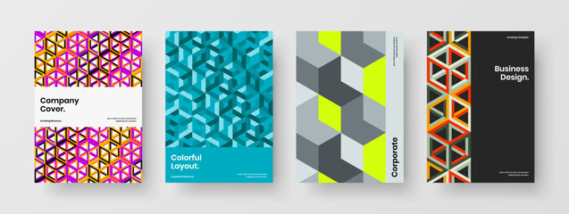 Vivid corporate identity design vector template bundle. Bright mosaic shapes company brochure illustration collection.