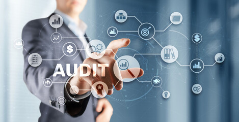 Audit. Checking the financial statements of the company. Businessman touching Audit on 3d icon on...