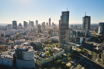 Aerial drone view of Warsaw cityscape, Center of Warsaw city with skyscrapers, Capital of Poland...