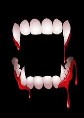Bloody vampire teeth on black background - obrazy, fototapety, plakaty