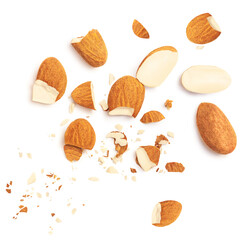 Group of almonds isolated on white background. Almond s nuts pieces top view. Flat lay..