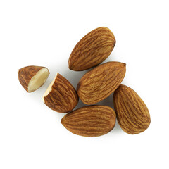 Almonds group, Isolated on white background, Top view