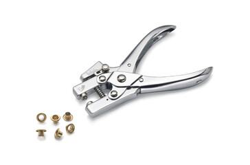 Obraz premium Pliers for drilling and hammering eyelet on white