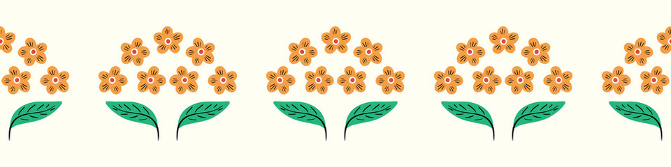 Flower pattern background vector border, seamless repeat design banner of hand drawn flowers and leaves. 