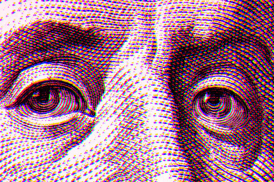 Contemporary artwork close up president banknotes face. Digital texture backdrop. Trendy pop art fun culture. Neural network art poster. Funky punk collage design. Creative concept money illustration.