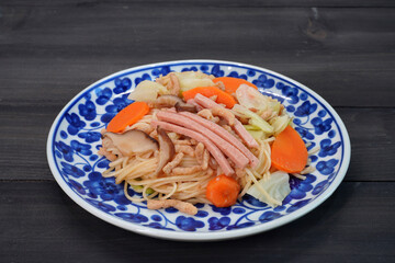 Vegetarian Hong Kong Noodle. Vegetarian food. Vegetarian festival. Selective focus, copy space