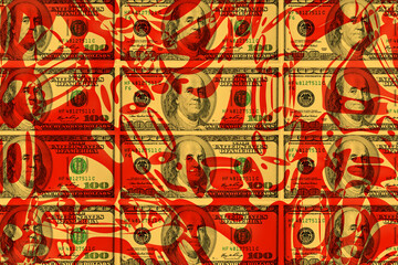 Obraz premium Contemporary artwork background with colored banknote. Digital texture backdrop. Trendy pop art fun culture. Neural network art poster. Funky punk collage design. Creative concept money illustration.