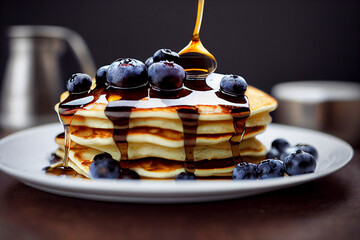 Maple syrup dripping onto blueberry pancakes, food photography and illustration