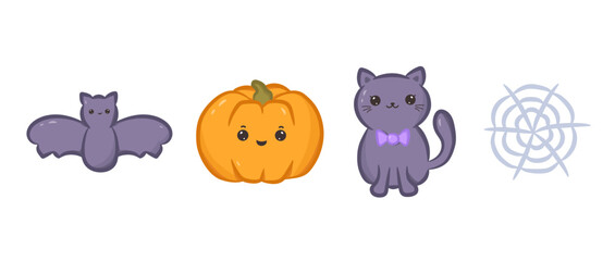 Fototapeta premium Set of kawaii Halloween characters and spider web. Collection of cute kawaii pumpkin, cat, bat and web. Vector illustration