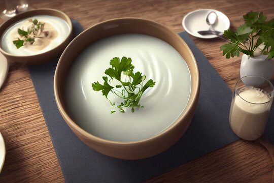 Potato cream soup puree, parsley garnish, food photography and illustration