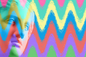 Antique sculpture of human face in artificial intelligence pop art style. Modern creative concept image with ancient statue head. Contemporary neural network art poster. Funky punk collage design.