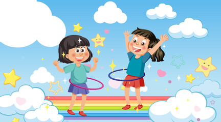 Obraz na płótnie Canvas Kids playing hulahoop on rainbow in the sky