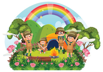 Obraz na płótnie Canvas Camping children with rainbow in the sky