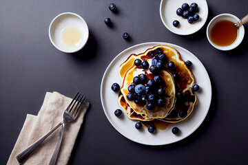 Maple syrup dripping onto blueberry pancakes, food photography and illustration