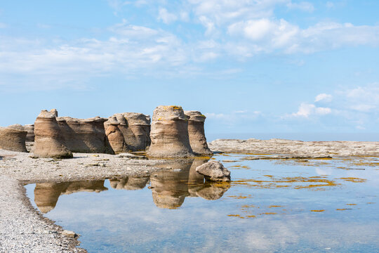 Beautiful view of colossal limestone outcroppings on the "&icirc;le Nue de Mingan" (Nue island), located in the Mingan archipelago national park reserve, in the north coast region of Quebec, Canada
