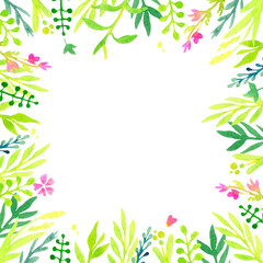 Fototapeta na wymiar square frame of watercolor stylized flowers and leaves on a white background.