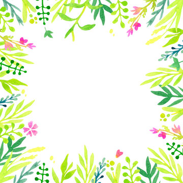 square frame of watercolor stylized flowers and leaves on a white background. © Anna