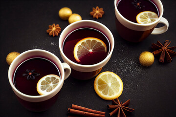Mugs of mulled wine, hot winter drink, food photography and illustration