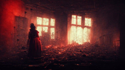 Fototapeta premium Scary ghost woman in haunted house. Digital art