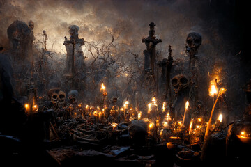Skeletons in haunted, creepy graveyard.Digital art