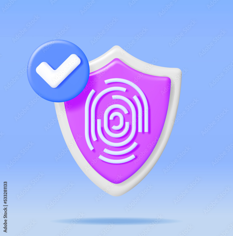 Aufkleber 3d fingerprint in shield with checkmark. render shield with finger print. computer data protection s