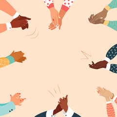 Hands of multicultural people Clapping. Concept of happy Audience appreciation, congratulate Applause. Frame composition with Hand geatures. Flat vector illustration.  - obrazy, fototapety, plakaty