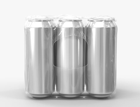 Tin cans in plastic wrap for beer or soda front view. Realistic mockup of metal jars in transparent pack, aluminium canisters, silver drink bottles isolated on white background