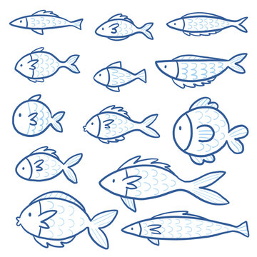 Cute fish doodle sketch illustration elements set collection