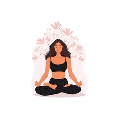 Fototapeta na wymiar Girl doing yoga, Yoga pose of female characters. Meditation exercises in the lotus position. Vector illustration.