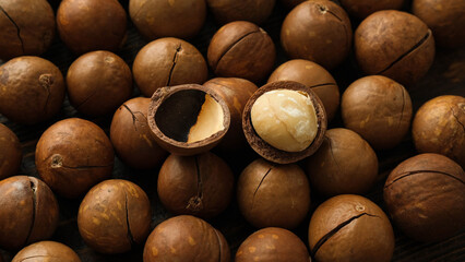 Macadamia nut. Open nut and shell on a background from whole nuts top view
