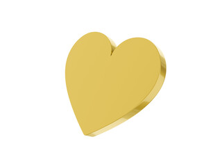 Flat metal heart. Gold mono color. Symbol of love. On a white solid background. Bottom view. 3d rendering.