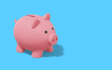 Pink piggy bank on blue background. Accumulation of savings icon. Banner, space for text. 3D rendering.
