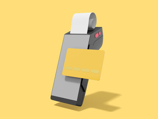 Gray black POS terminal with credit card and check. Modern machine for cashless payment. Device for NFC pay. 3D rendering on the yellow background.