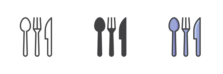 Fork knife and spoon different style icon set