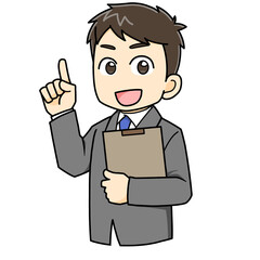 指差しする　男性　スーツ　ビジネス　ミニキャラ　イラスト