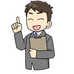 指差しする　男性　スーツ　ビジネス　ミニキャラ　イラスト