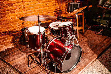 Variety drum set on the scene of a night club