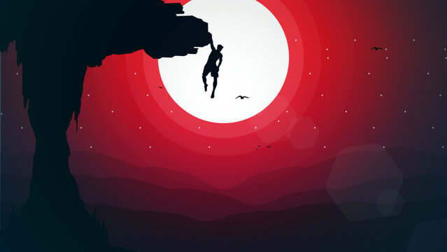 Extreme rock climber background. climber on a cliff with mountains as a background. Mountain climber walpaper for desktop. Silhouette of a rock climber. Rock climber.