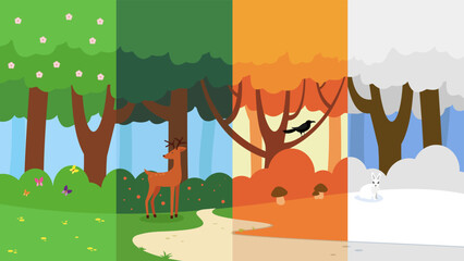 Seasons in the forest, illustration, vector, cartoon