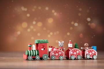 Red Christmas toy train. Christmas greeting card.