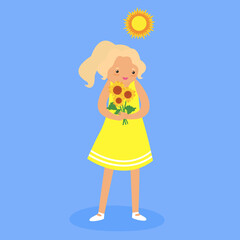 Girl in a sundress with sunflowers in her hands