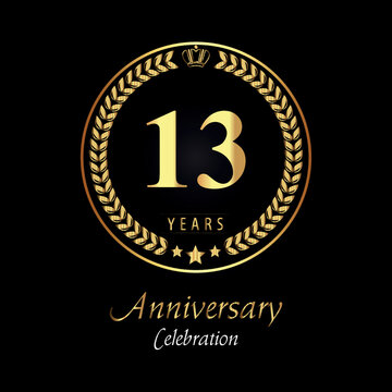 13th anniversary logo with golden laurel wreaths, gold crown, and gold star isolated on black background. Premium design for happy birthday, weddings, greetings card, poster, graduation, ceremony.