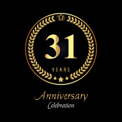 31th anniversary logo with golden laurel wreaths, gold crown, and gold star isolated on black background. Premium design for happy birthday, weddings, greetings card, poster, graduation, ceremony.