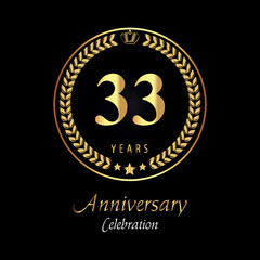 33th anniversary logo with golden laurel wreaths, gold crown, and gold star isolated on black background. Premium design for happy birthday, weddings, greetings card, poster, graduation, ceremony.