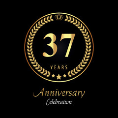 Fototapeta premium 37th anniversary logo with golden laurel wreaths, gold crown, and gold star isolated on black background. Premium design for happy birthday, weddings, greetings card, poster, graduation, ceremony.
