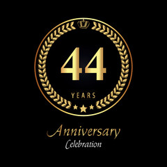 44th anniversary logo with golden laurel wreaths, gold crown, and gold star isolated on black background. Premium design for happy birthday, weddings, greetings card, poster, graduation, ceremony.