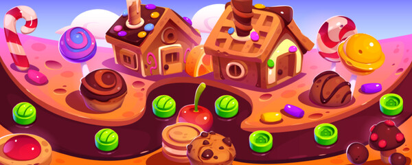 Game level map of fantasy sweet world with chocolate river, gingerbread houses, cakes and lollipops. Vector cartoon illustration for mobile game background with candies and desserts