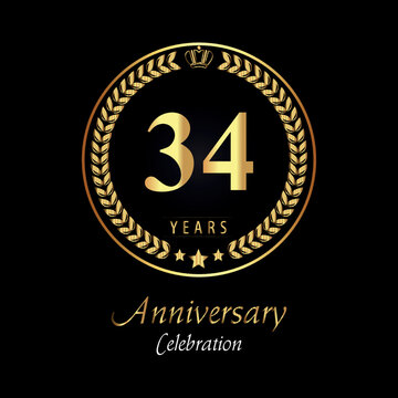 34th anniversary logo with golden laurel wreaths, gold crown, and gold star isolated on black background. Premium design for happy birthday, weddings, greetings card, poster, graduation, ceremony.