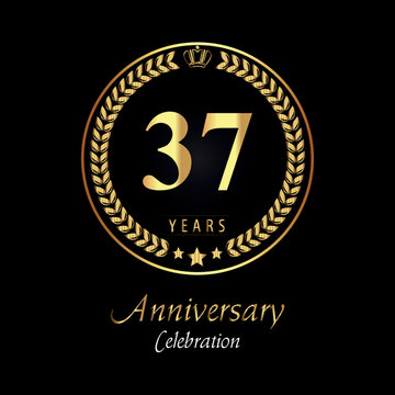 37th anniversary logo with golden laurel wreaths, gold crown, and gold star isolated on black background. Premium design for happy birthday, weddings, greetings card, poster, graduation, ceremony.