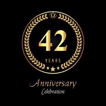 42th anniversary logo with golden laurel wreaths, gold crown, and gold star isolated on black background. Premium design for happy birthday, weddings, greetings card, poster, graduation, ceremony.